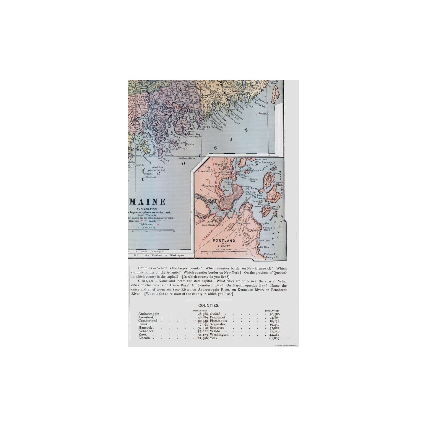 Historic State Map - Maine - Monteith 1882 - 23 x 35.80 - Vintage Wall Art