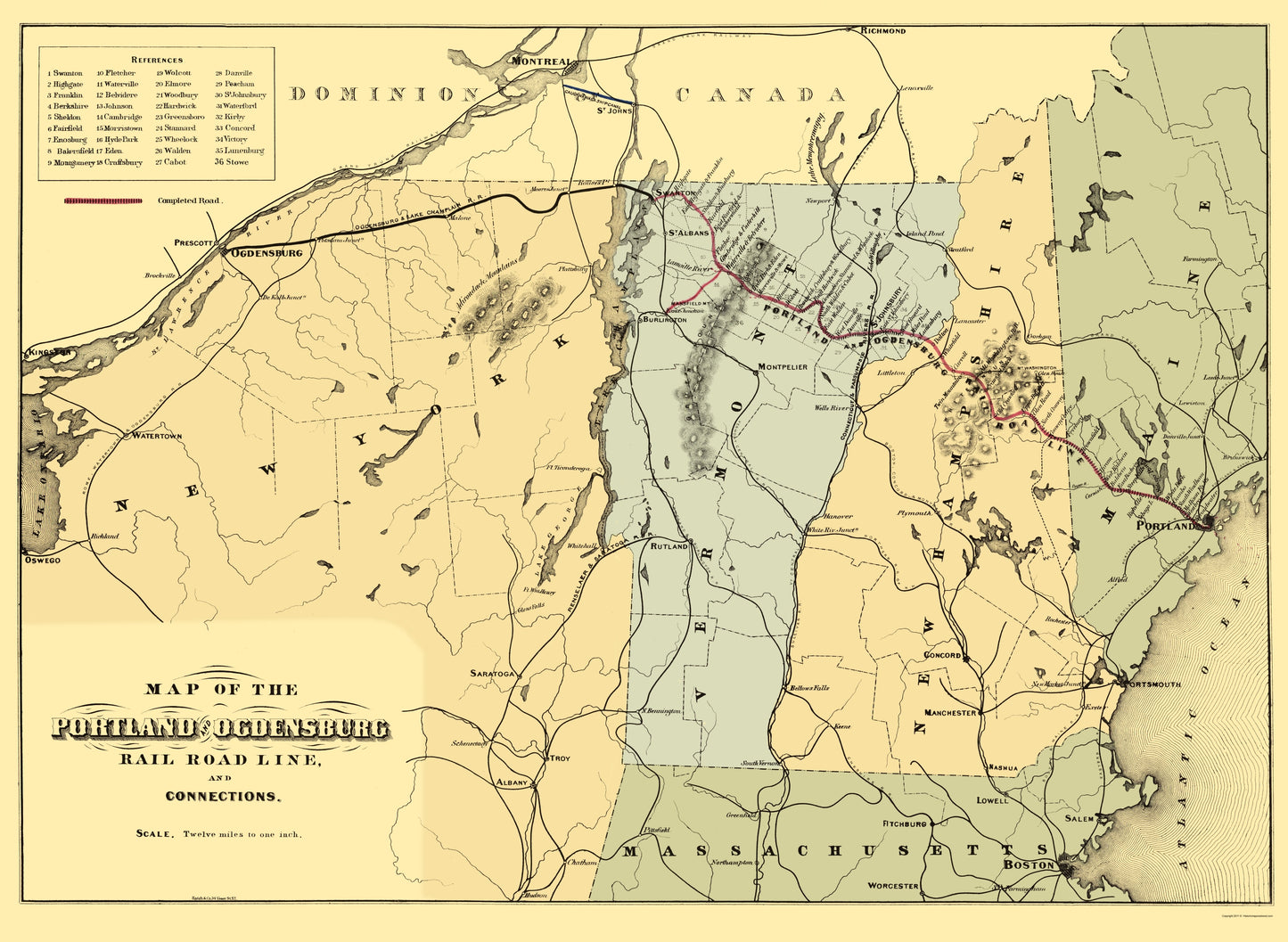 Railroad Map - Portland and Ogdensburg Railroad - Hatch 1850 - 23 x 31.43 - Vintage Wall Art