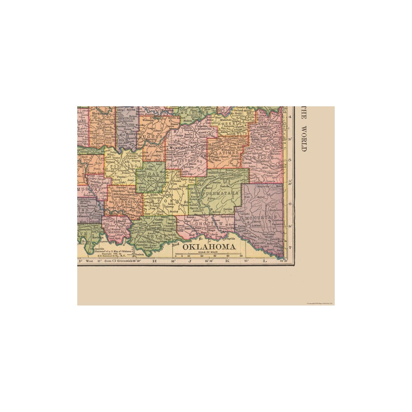 Historic State Map - Oklahoma - Hammond 1910 - Vintage Wall Art
