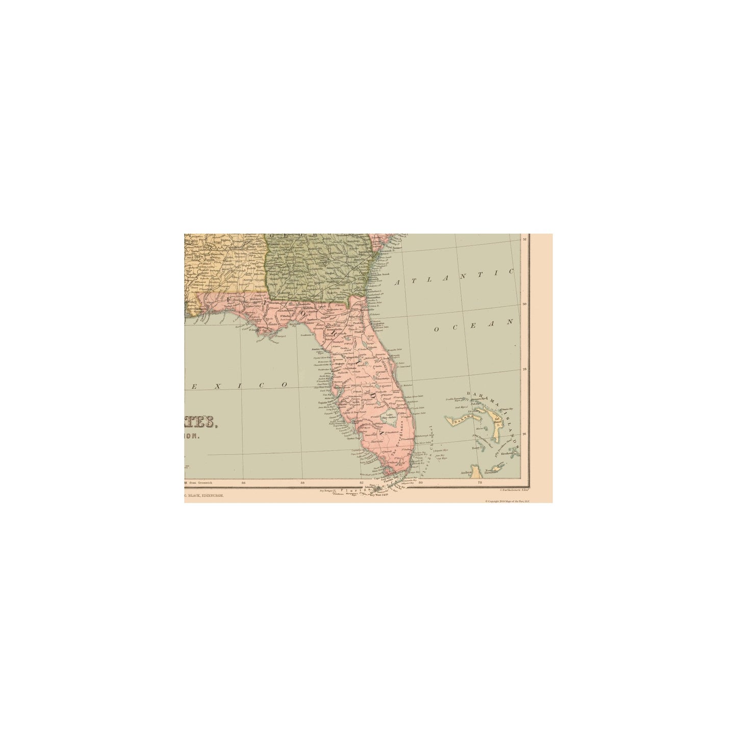 Historic State Map - United States South Eastern - Black 1867 - Vintage Wall Art