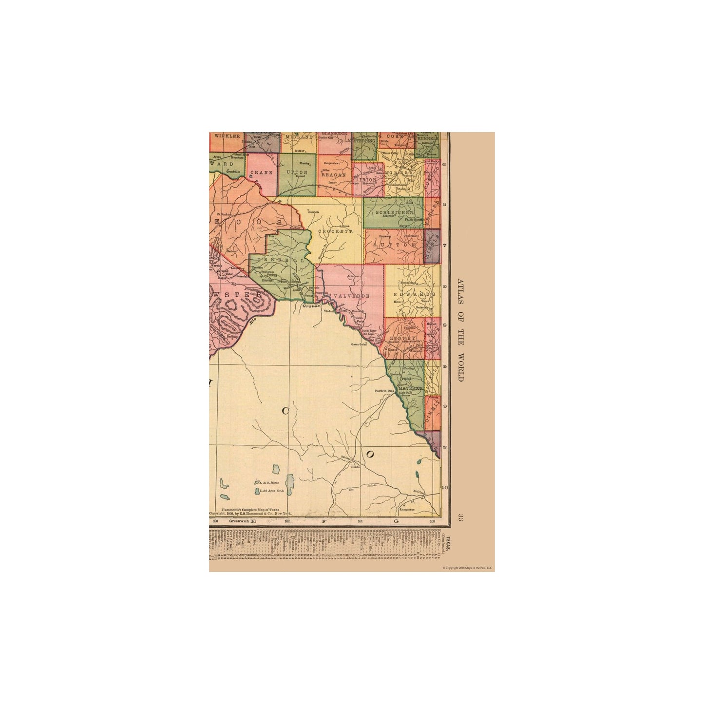 Historic State Map - Texas West - Hammond 1910 - 23 x 35.39 - Vintage Wall Art