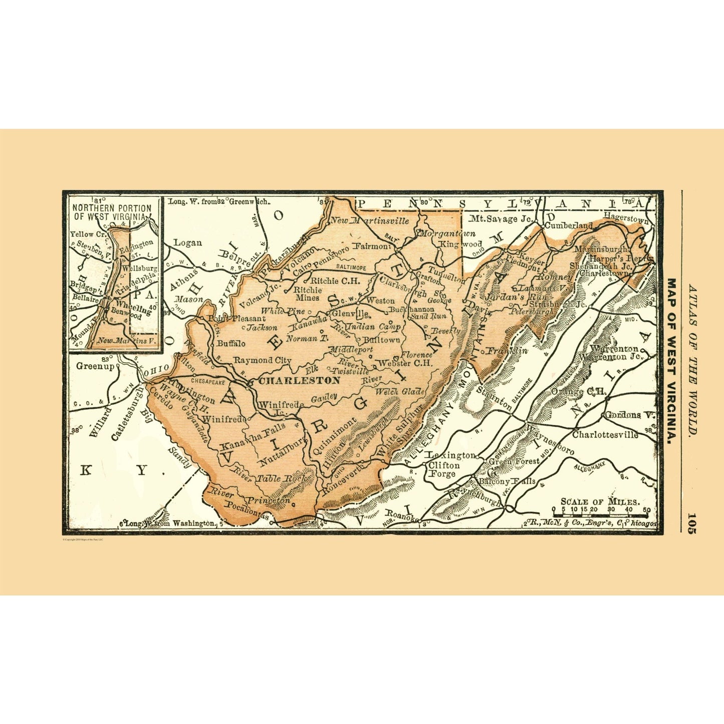 Historic State Map - West Virginia - Alden 1886 - 35.69 x 23 - Vintage Wall Art