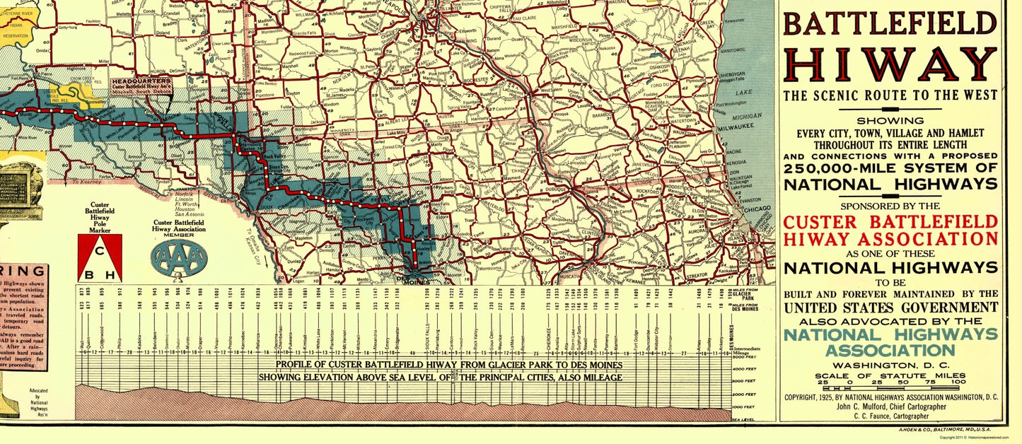 Historic Map - Custer Battlefield Highway - Mulford 1925 - 23 x 52.93 - Vintage Wall Art
