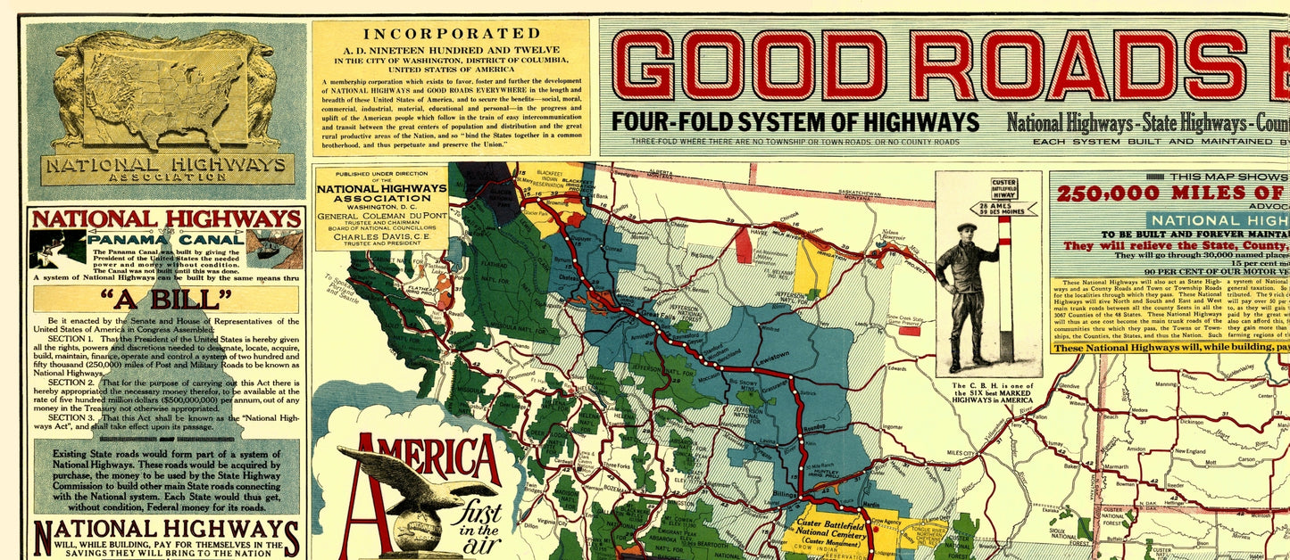 Historic Map - Custer Battlefield Highway - Mulford 1925 - 23 x 52.93 - Vintage Wall Art