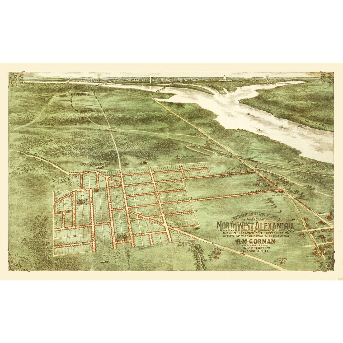 Historic Panoramic View - Alexandria Virginia - Gorman 1890 - 36.24 x 23 - Vintage Wall Art