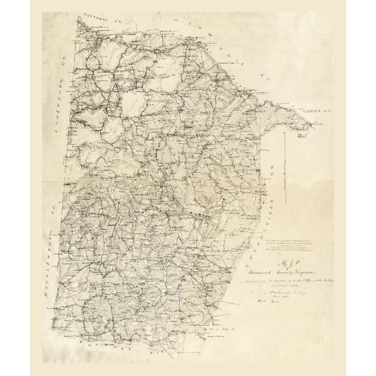Historic County Map - Brunswick County Virginia - Graves 1864 - 23 x 27.31 - Vintage Wall Art