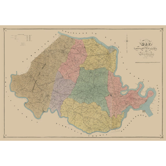 Historic County Map - Chersterfield County Virginia - LaGrade 1888 - 33.04 x 23 - Vintage Wall Art