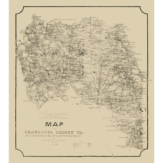 Historic County Map - Charlotte County Virginia - Campbell 1864 - 23 x 25.78 - Vintage Wall Art