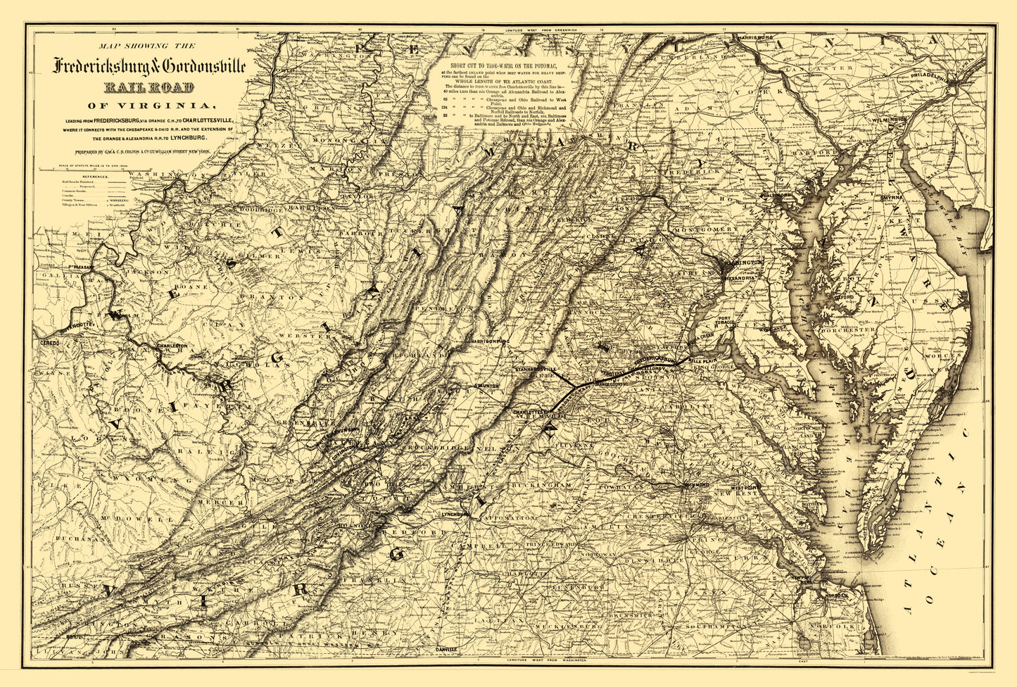 Railroad Map - Fredericksburg and Gordonsville Virginia 1869 - 23 x 34 - Vintage Wall Art