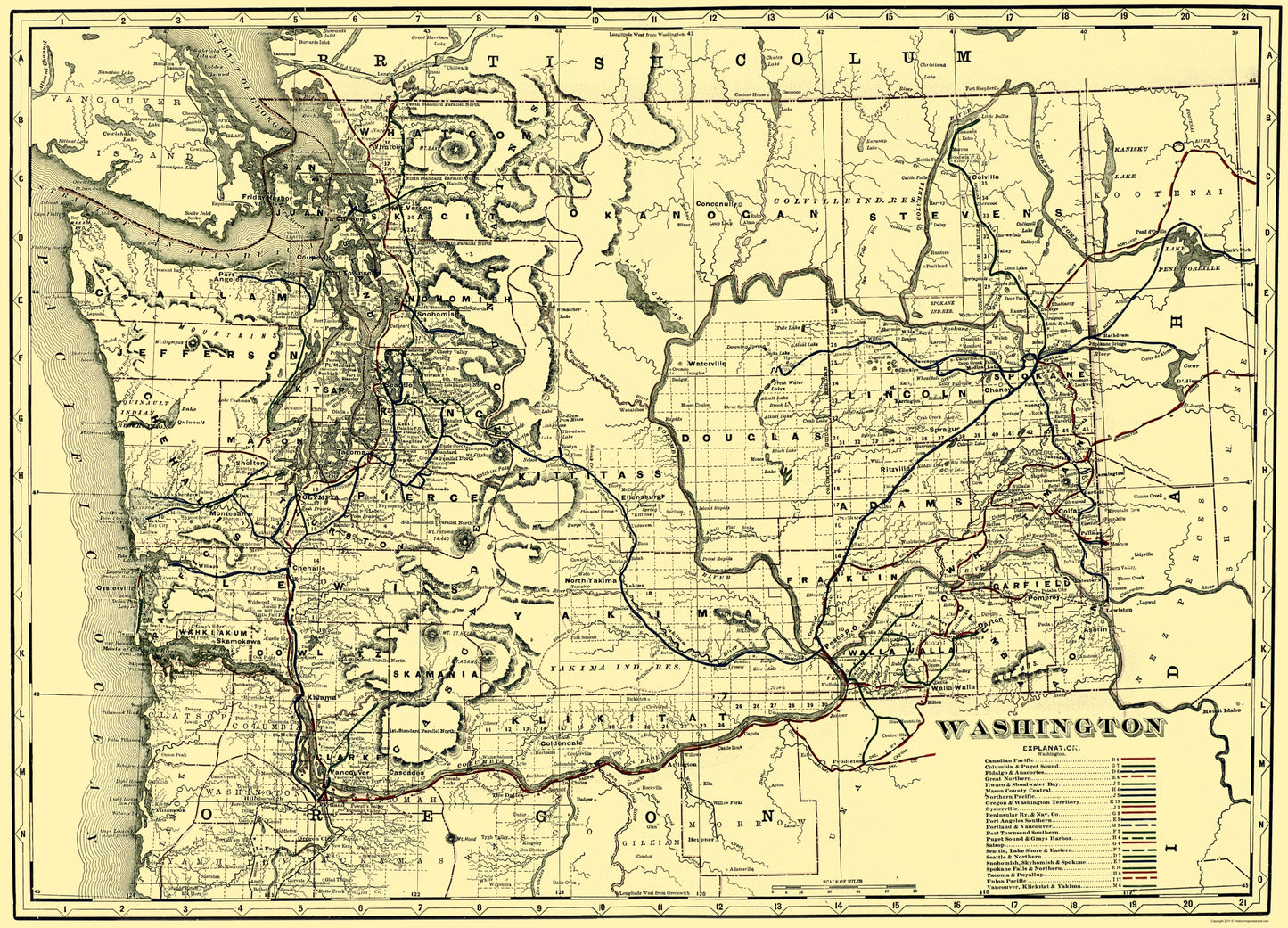 Railroad Map - Washington Railroads - 1892 - 23 x 31.94 - Vintage Wall Art