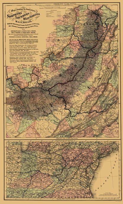 Railroad Map - Northern and Southern West Virginia Railroad 1873 - 23 x 38 - Vintage Wall Art