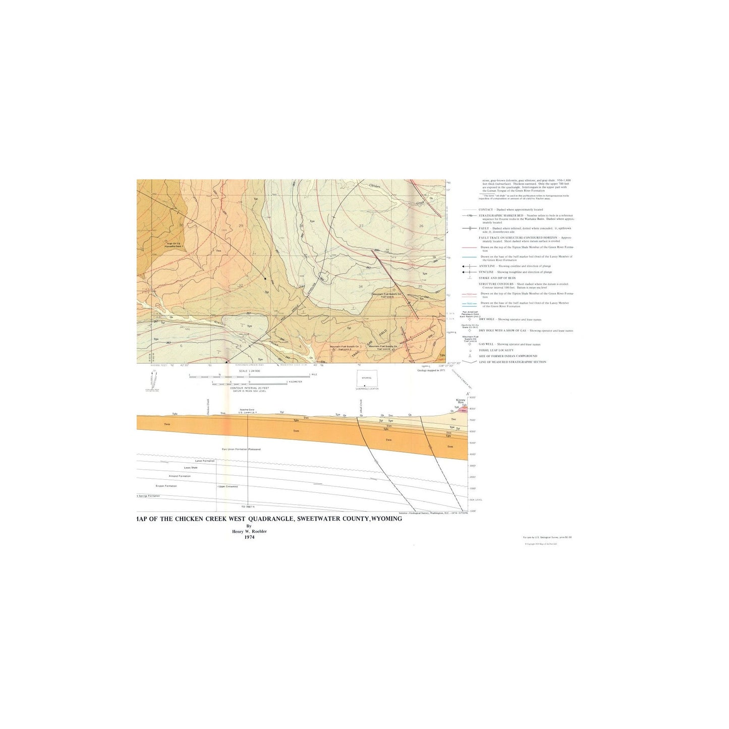 Historic Mine Map - Chicken Creek West Quad Wyoming - Roehler 1967 - Vintage Wall Art