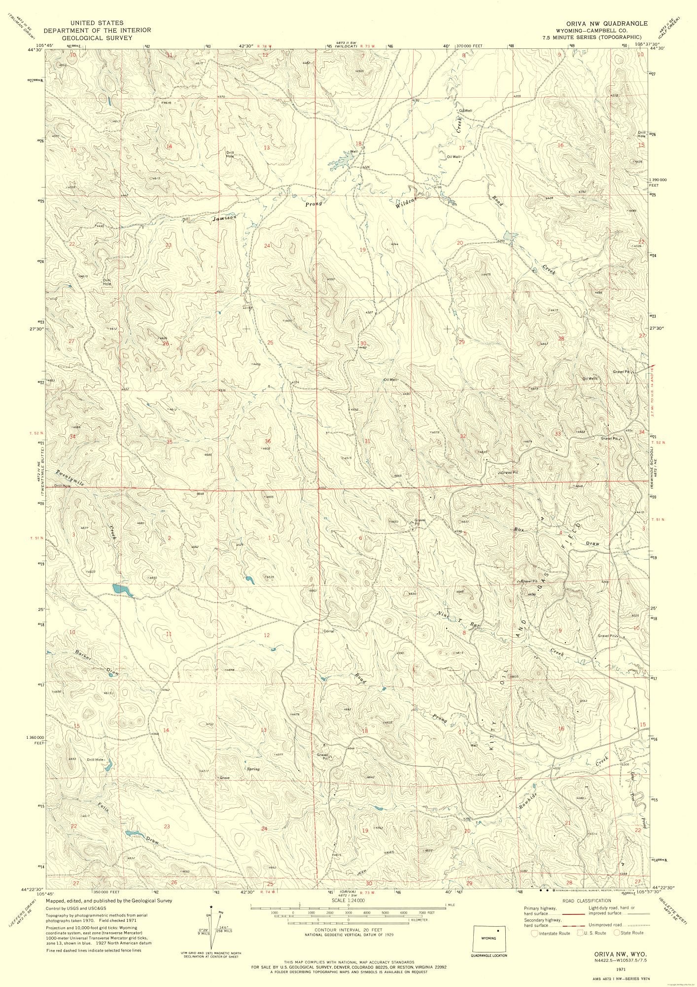 Topographical Map - North West Oriva Wyoming Quad - USGS 1971 - 23 x 32.52 - Vintage Wall Art
