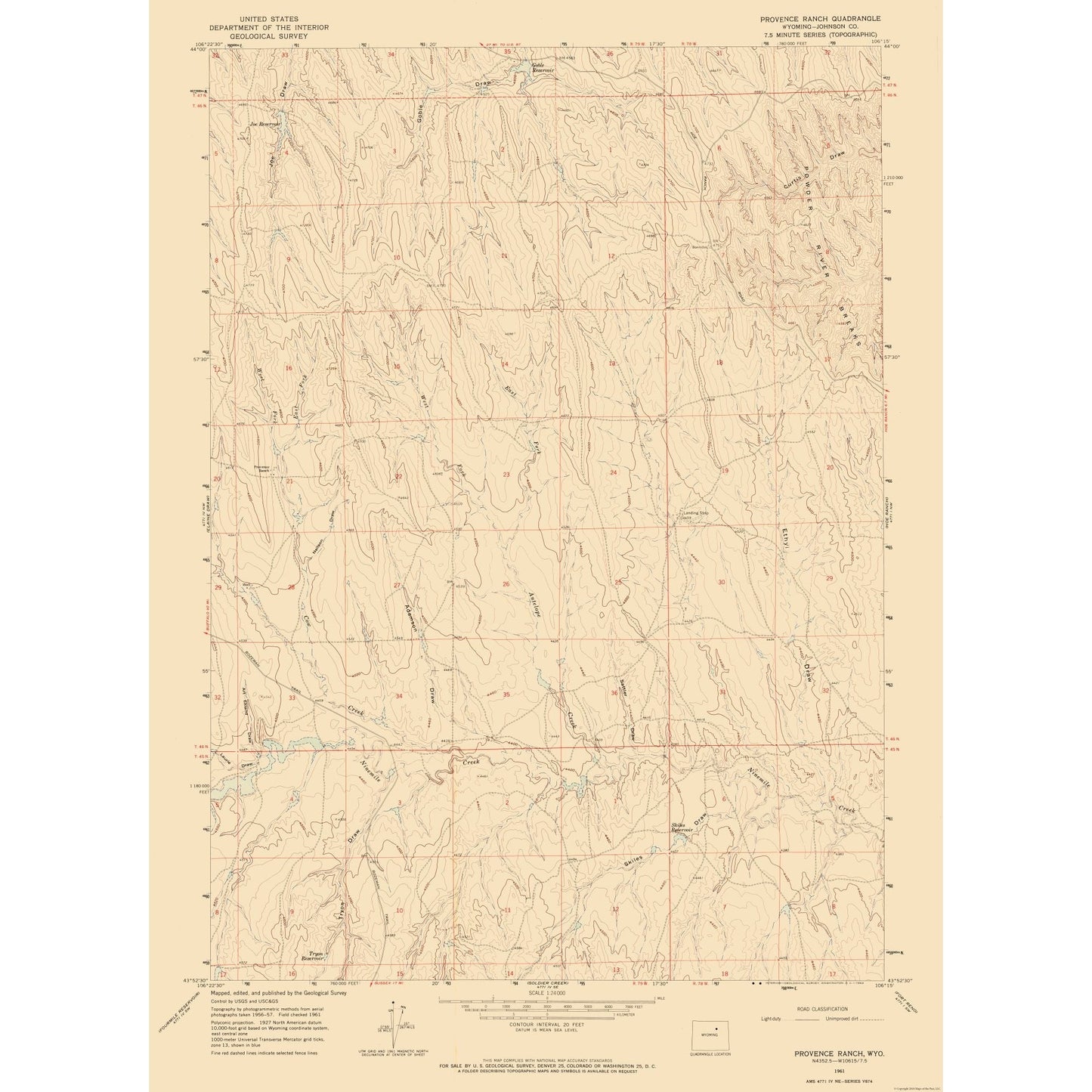 Topographical Map - Provence Ranch Wyoming Quad - USGS 1961 - 23 x 31.64 - Vintage Wall Art