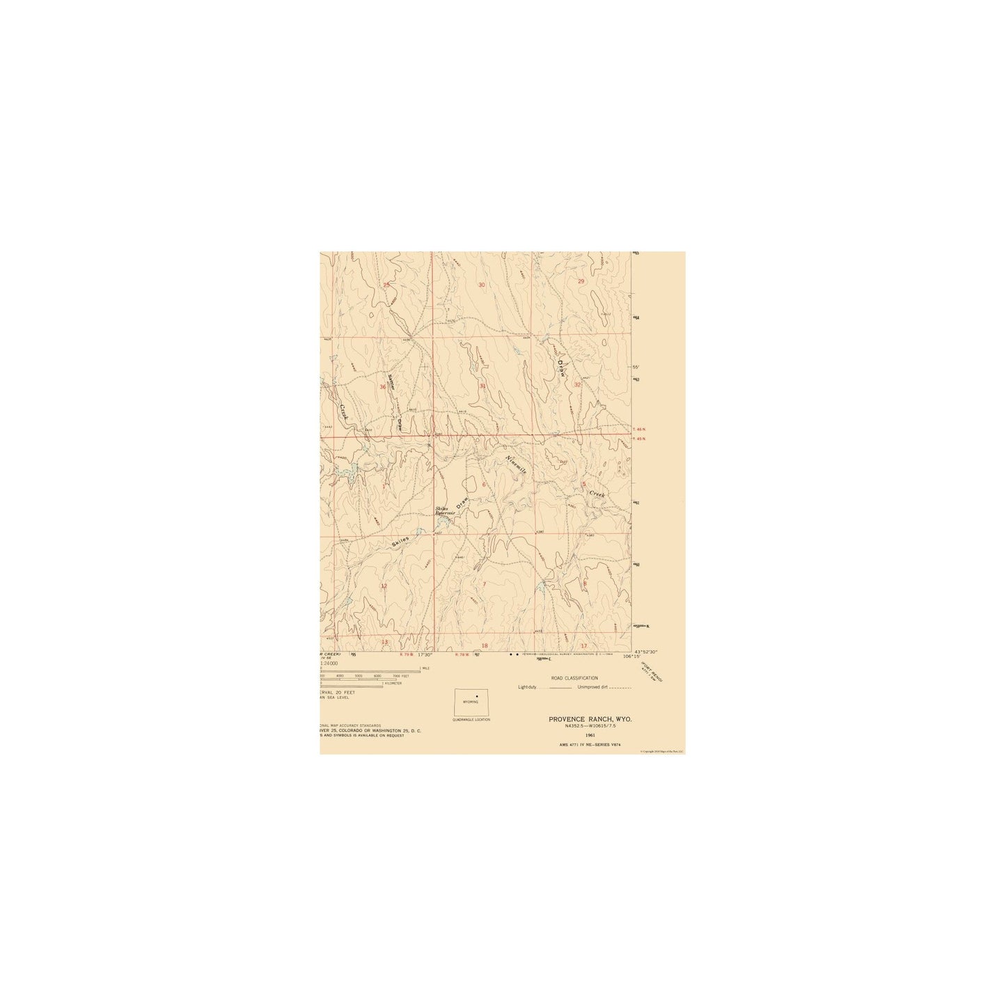Topographical Map - Provence Ranch Wyoming Quad - USGS 1961 - 23 x 31.64 - Vintage Wall Art