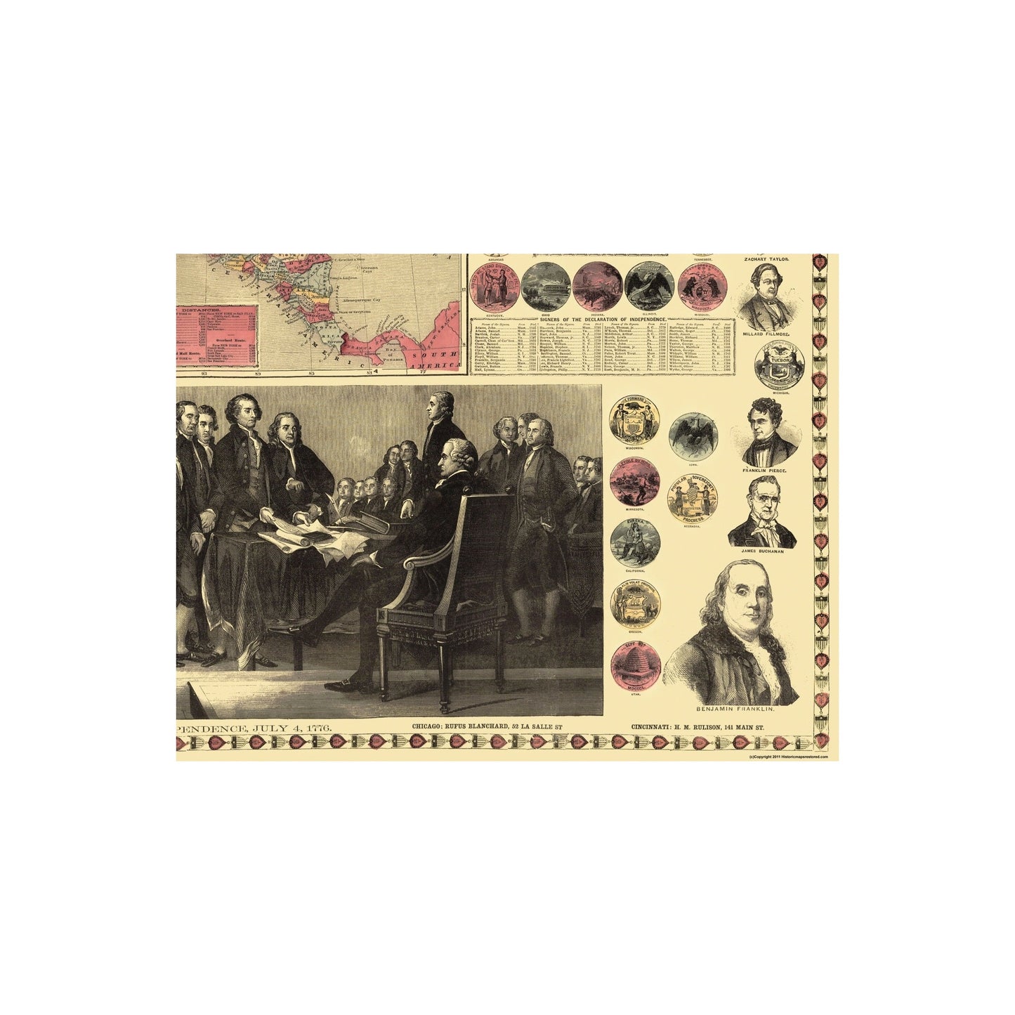 Historic State Map - United States Declaration Signing - Purley 1859 - 30.06 x 23 - Vintage Wall Art