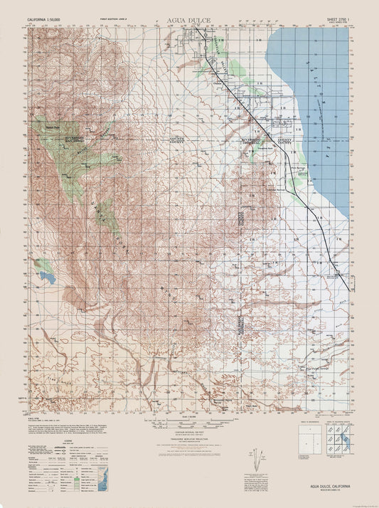 Topographical Map - Agua Dulce Sheet - Army  1944 - 23 x 30.83 - Vintage Wall Art