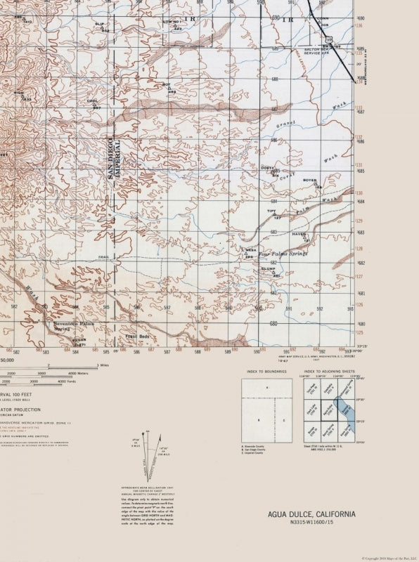 Topographical Map - Agua Dulce Sheet - Army  1944 - 23 x 30.83 - Vintage Wall Art