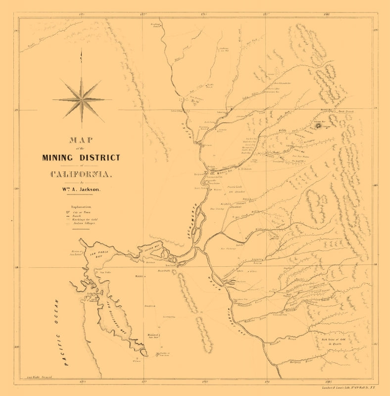 Historic Mine Map - California Mining- Jackson 1850  - Vintage Wall Art