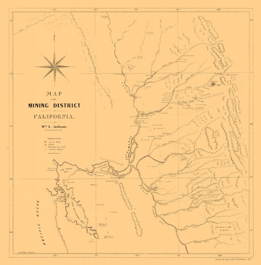 Historic Mine Map - California Mining- Jackson 1850  - Vintage Wall Art