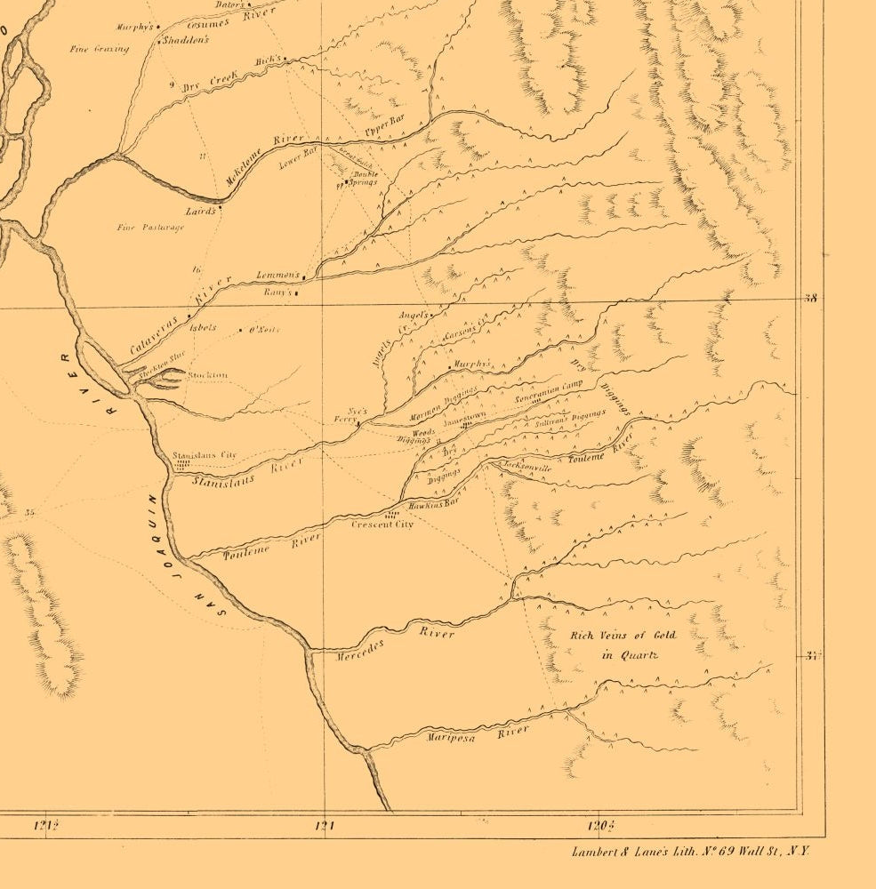 Historic Mine Map - California Mining- Jackson 1850  - Vintage Wall Art