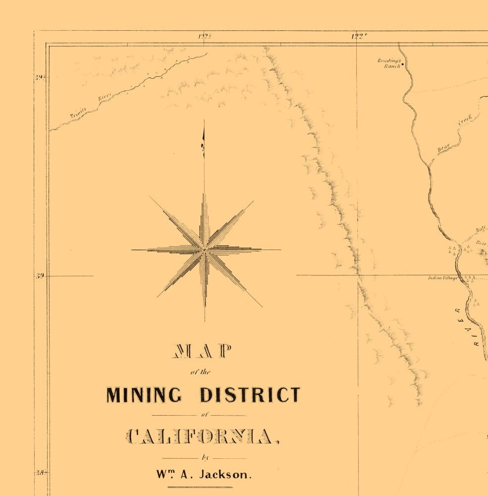 Historic Mine Map - California Mining- Jackson 1850  - Vintage Wall Art