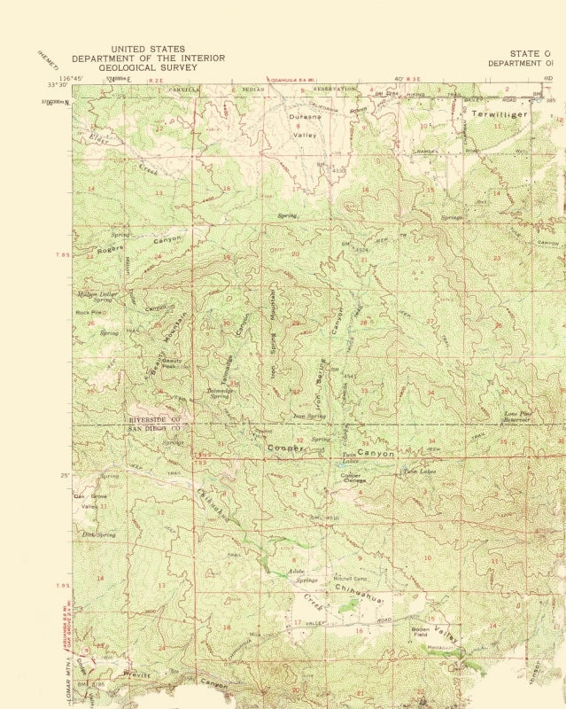 Topographical Map - Warner Springs California Quad - USGS 1961 - Vintage Wall Art