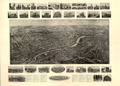 Historic Panoramic View - Naugatuck Connecticut - Bailey 1906 - Vintage Wall Art