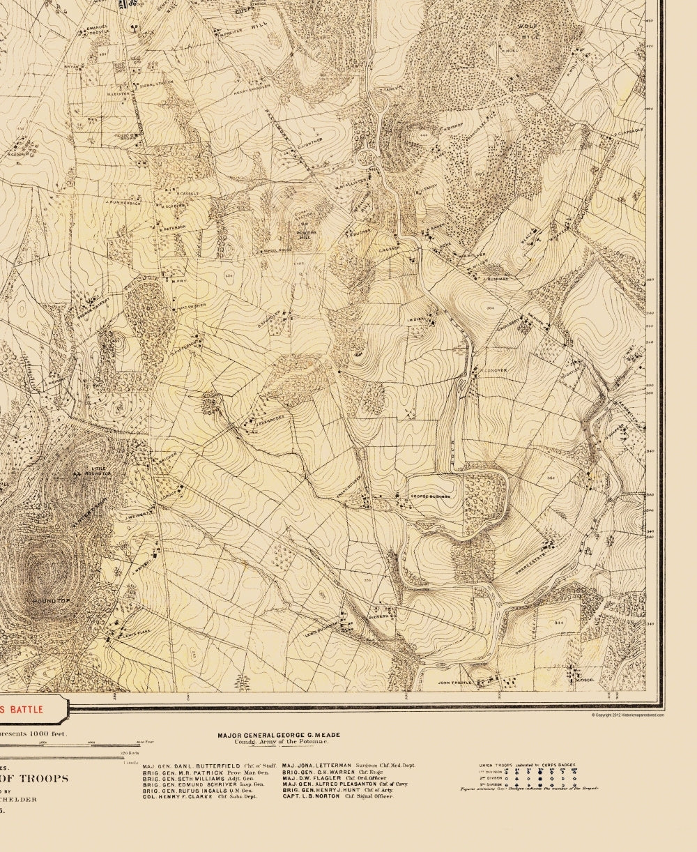 Historical Civil War Map - Gettysburg Battlefield First Day - Warren 1876 - Vintage Wall Art