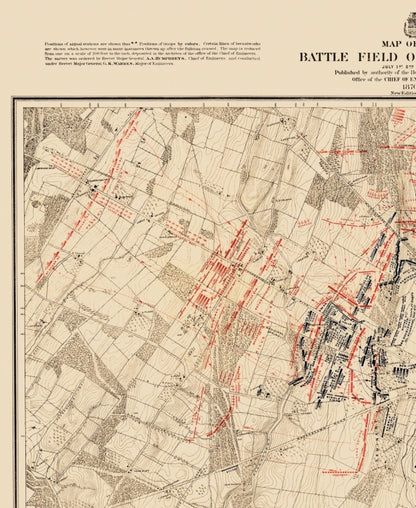 Historical Civil War Map - Gettysburg Battlefield First Day - Warren 1876 - Vintage Wall Art