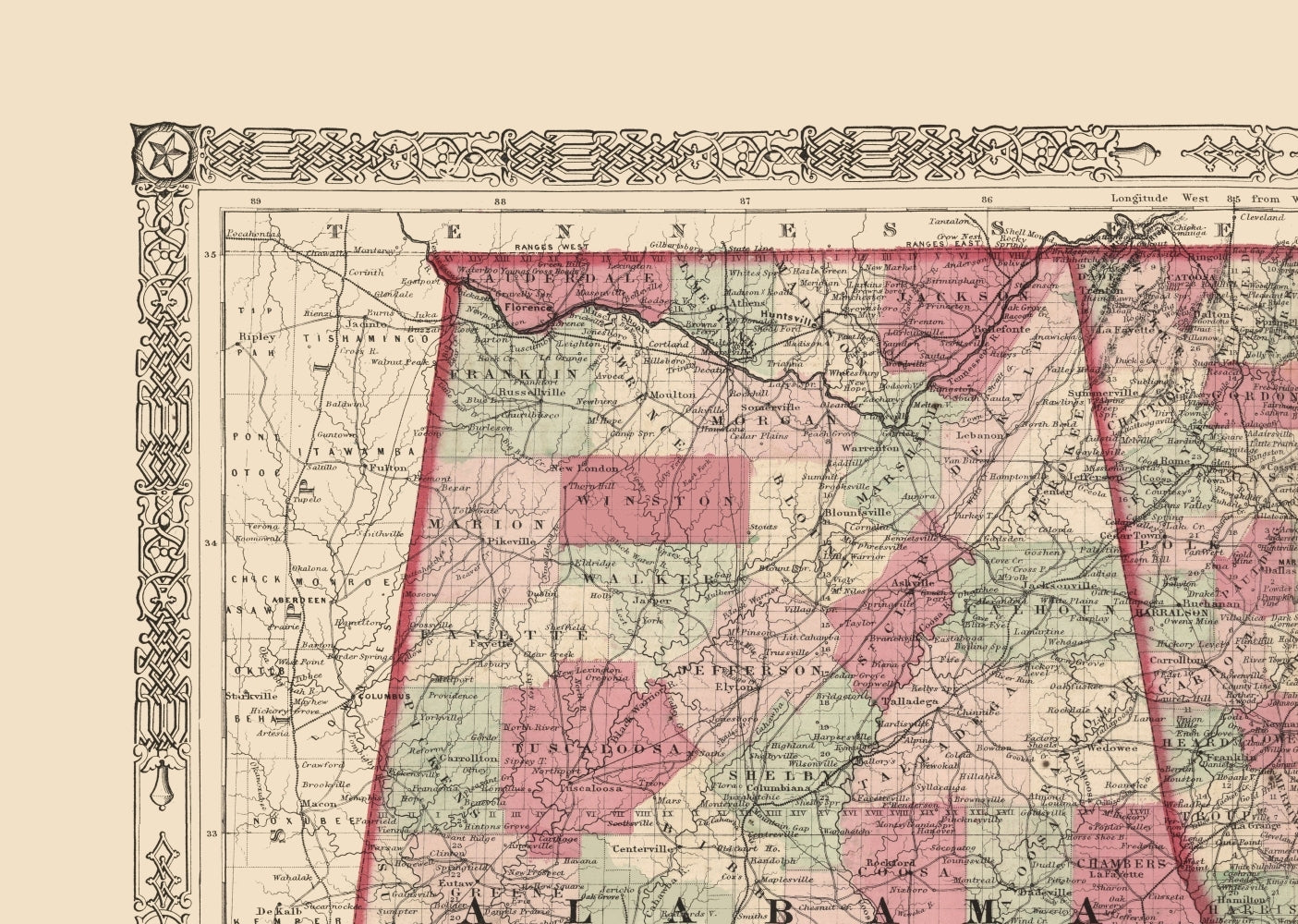 Historic State Map - Georgia Alabama - Johnson 1864 - Vintage Wall Art