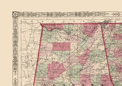 Historic State Map - Georgia Alabama - Johnson 1864 - Vintage Wall Art