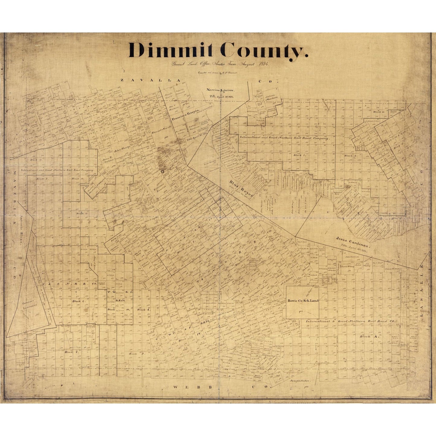 Historic County Map - Dimmit County Texas - Beaumont 1894 - Vintage Wall Art