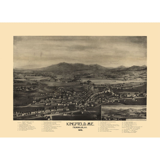 Historic Panoramic View - Kingfield Maine - Norris 1895 - Vintage Wall Art