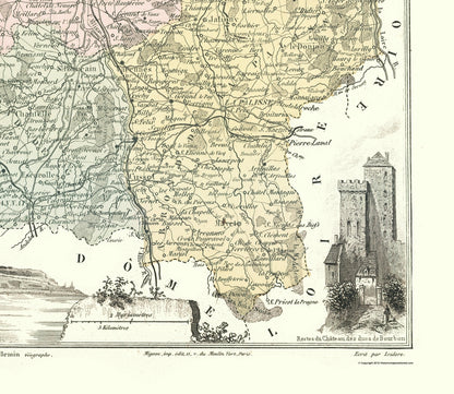 Historic Map - Allier Department France - Migeon 1869 - Vintage Wall Art