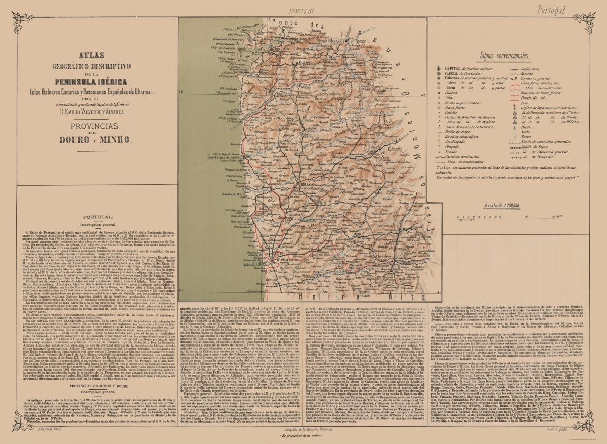 Historic Map - Douro Minho Portugal - Valverde 1880 - Vintage Wall Art