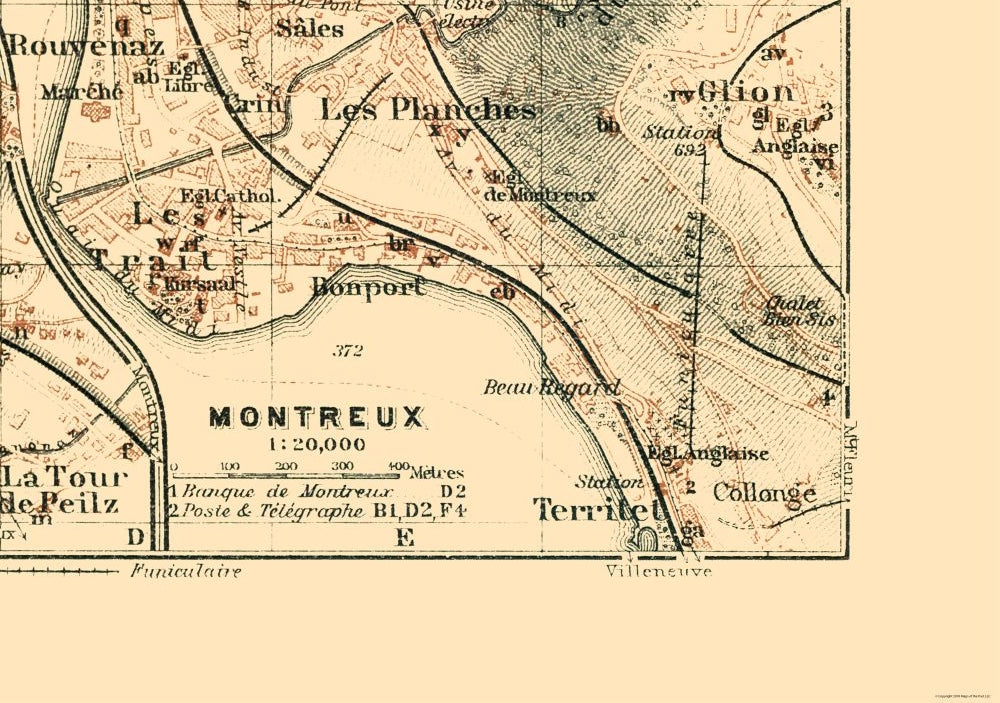Historic Map - Vevey Montreux Switzerland - Baedeker 1921 - Vintage Wall Art