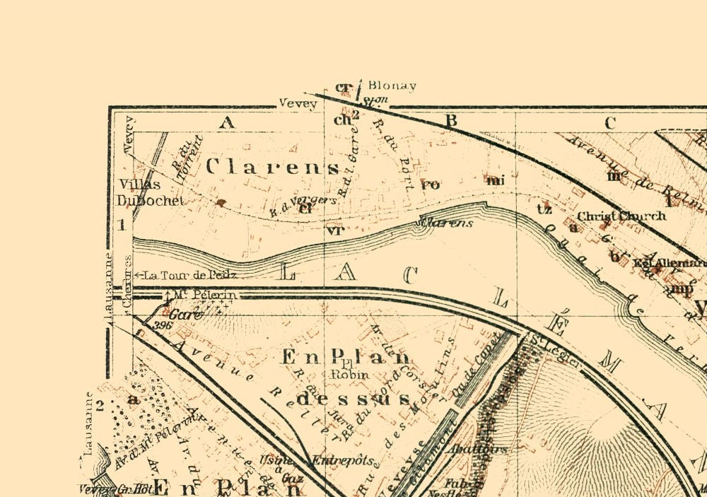 Historic Map - Vevey Montreux Switzerland - Baedeker 1921 - Vintage Wall Art