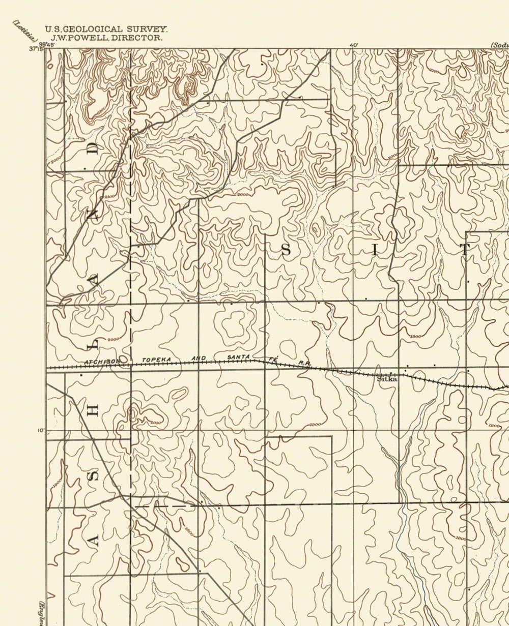 Topographical Map - Sitka Kansas Sheet - USGS 1894 - Vintage Wall Art