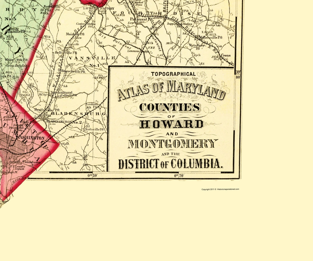Topographical Map - Howard Montgomery Counties Maryland - Gray 1873 - Vintage Wall Art