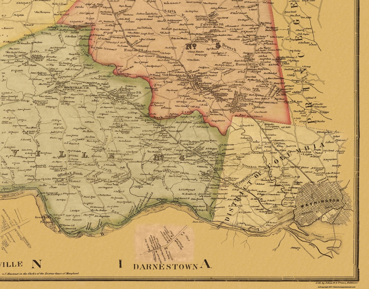 Historic County Map - Montgomery County Maryland - Martenet 1865 - Vintage Wall Art