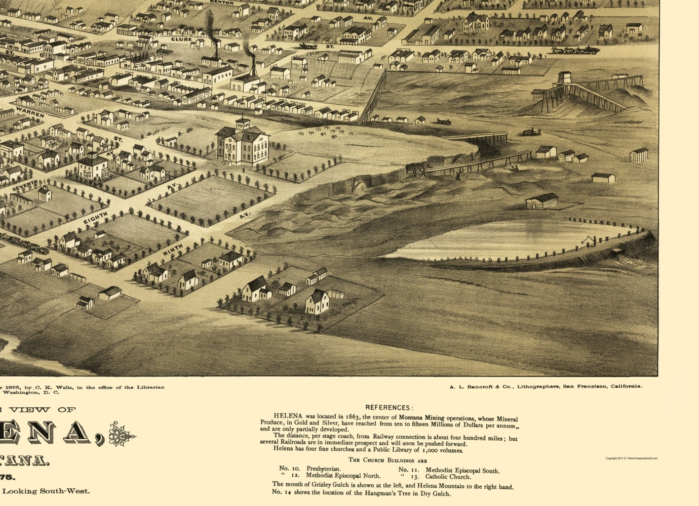 Historic Panoramic View - Helena Montana - Wells 1875 - Vintage Wall Art
