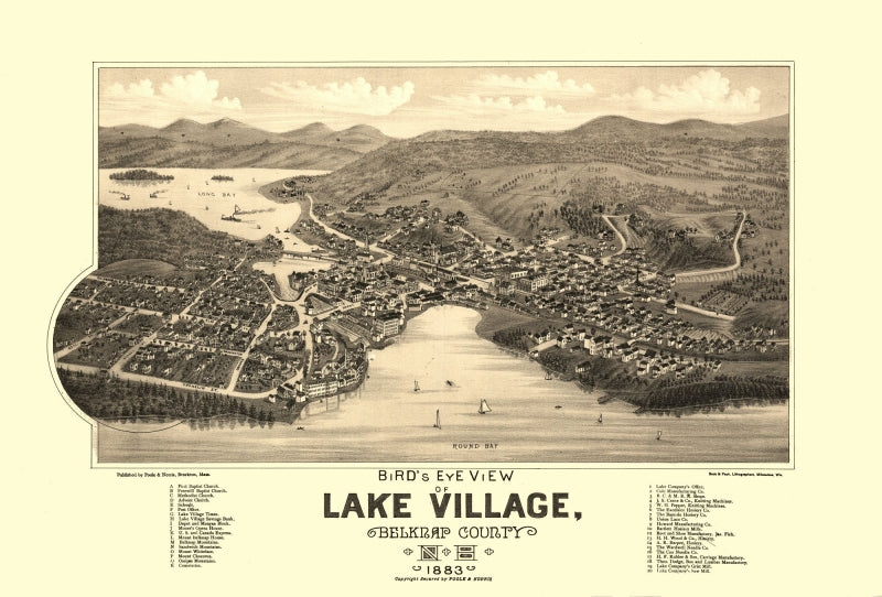 Historic Panoramic View - Lake Village New Hampshire - Poole 1883 - Vintage Wall Art
