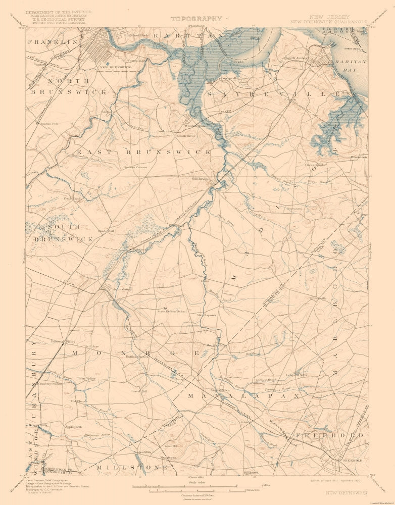 Topographical Map - New Brunswick New Jersey Quad - USGS 1901 - Vintage Wall Art