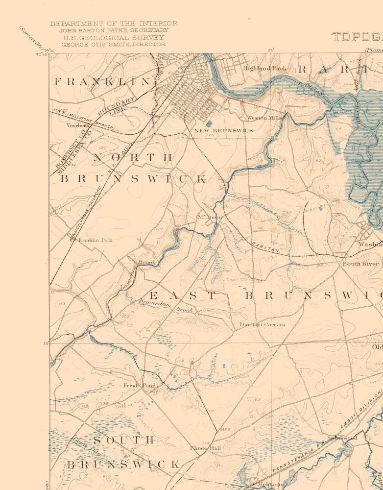 Topographical Map - New Brunswick New Jersey Quad - USGS 1901 - Vintage Wall Art