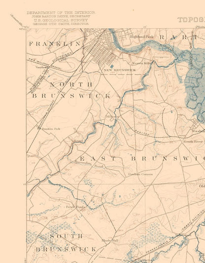 Topographical Map - New Brunswick New Jersey Quad - USGS 1901 - Vintage Wall Art