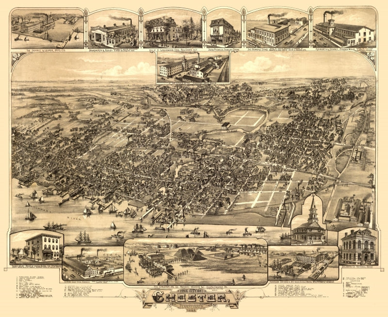 Historic Panoramic View - Chester Pennsylvania - Bailey 1885 - Vintage Wall Art