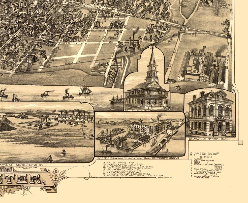 Historic Panoramic View - Chester Pennsylvania - Bailey 1885 - Vintage Wall Art