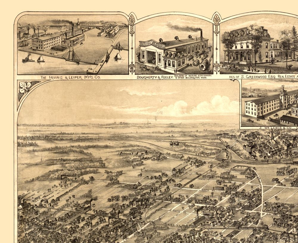 Historic Panoramic View - Chester Pennsylvania - Bailey 1885 - Vintage Wall Art
