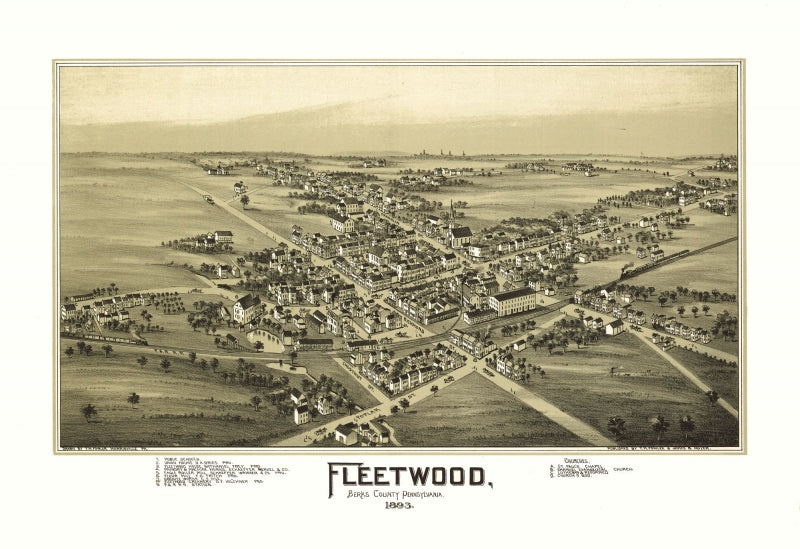 Historic Panoramic View - Fleetwood Pennsylvania - Fowler 1893 - Vintage Wall Art